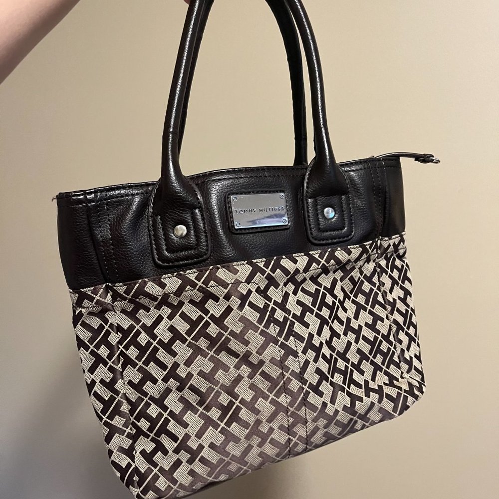 TOMMY HILFIGER Brown Tan Iconic Classic Monogram Logo Handbag